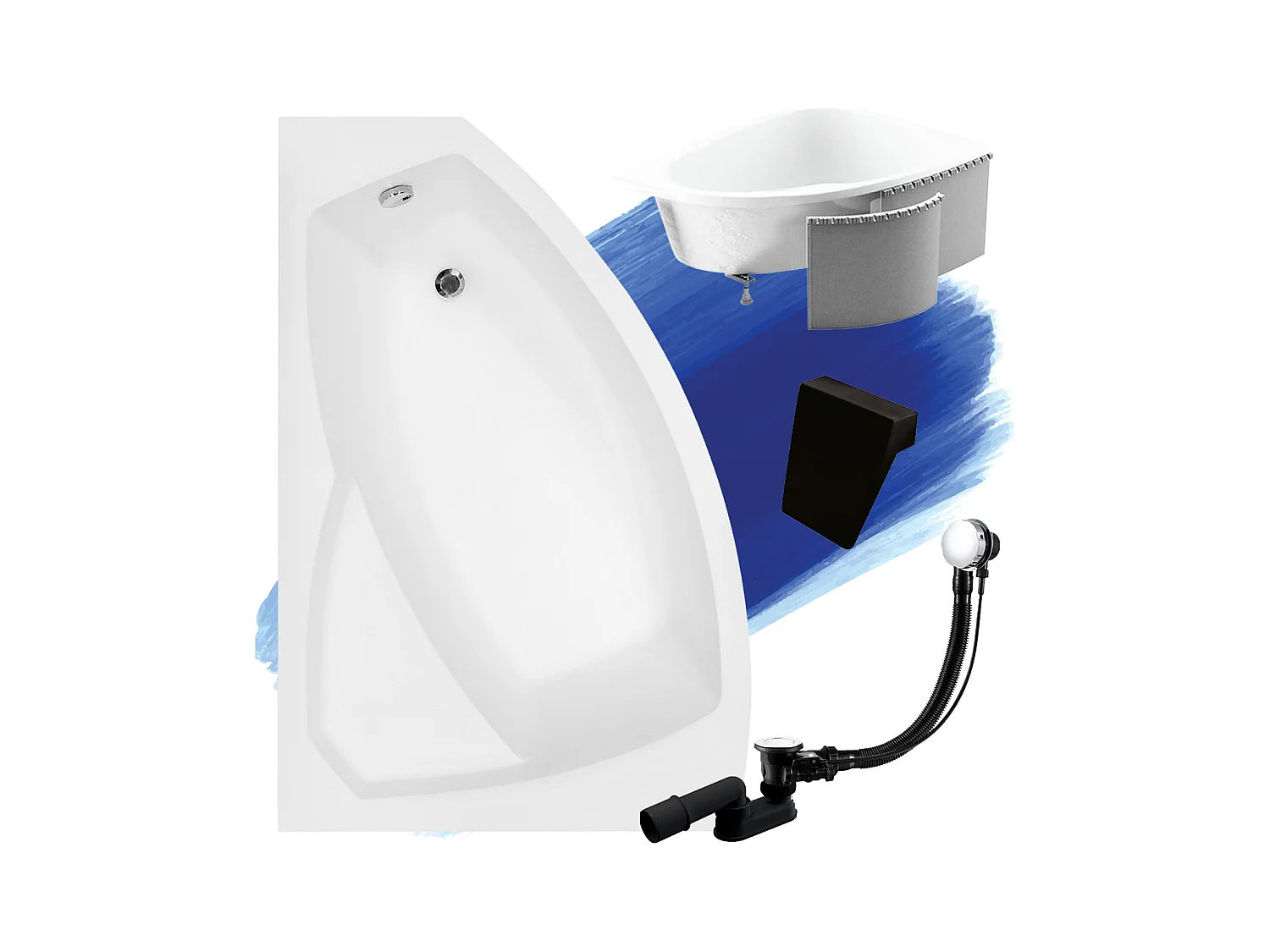 Hoekbadkuip RIMA 160x100 links met piepschuim bekleding en zwarte hoofdsteunen | Afvoer &amp; voeten GRATIS!