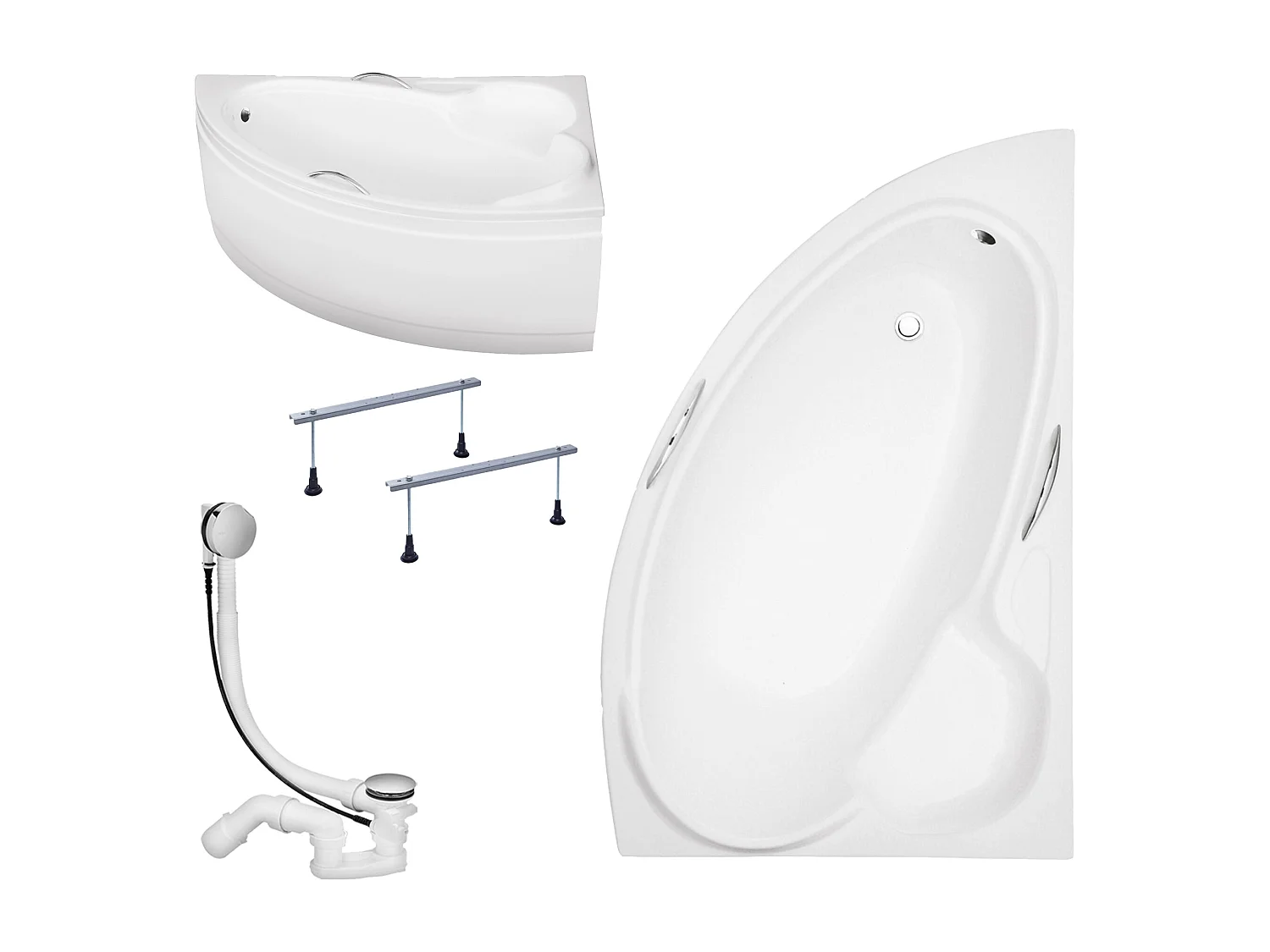 Baignoire asymétrique 150x95 Droite BIANKA acrylique blanc + avec Tablier + Pieds + Vidage à chromé