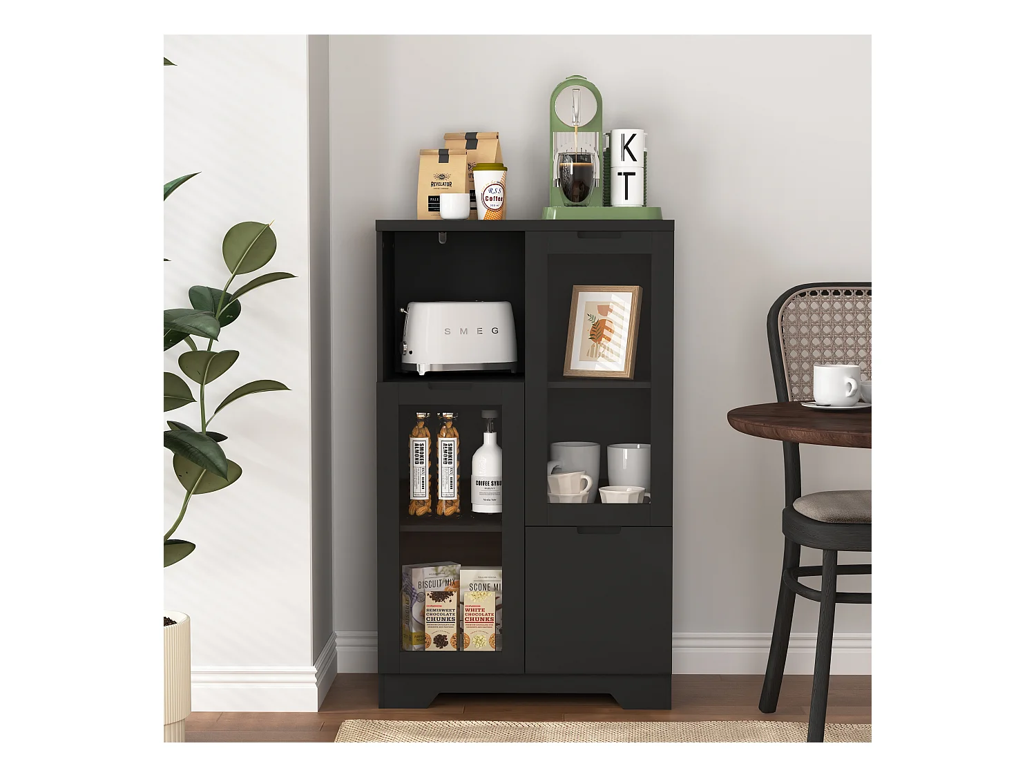 Schwarze Vitrine - Esszimmermöbel mit 2 Türen und 1 Schublade - Offene Aufbewahrung - für schlafzimmer und wohnzimmer