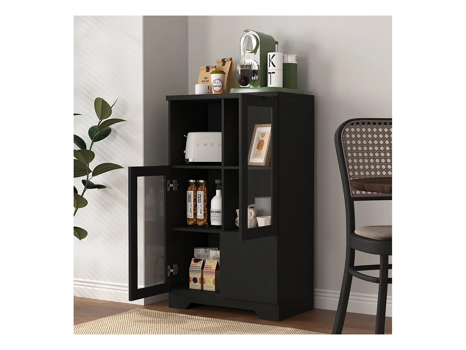Schwarze Vitrine - Esszimmermöbel mit 2 Türen und 1 Schublade - Offene Aufbewahrung - für schlafzimmer und wohnzimmer