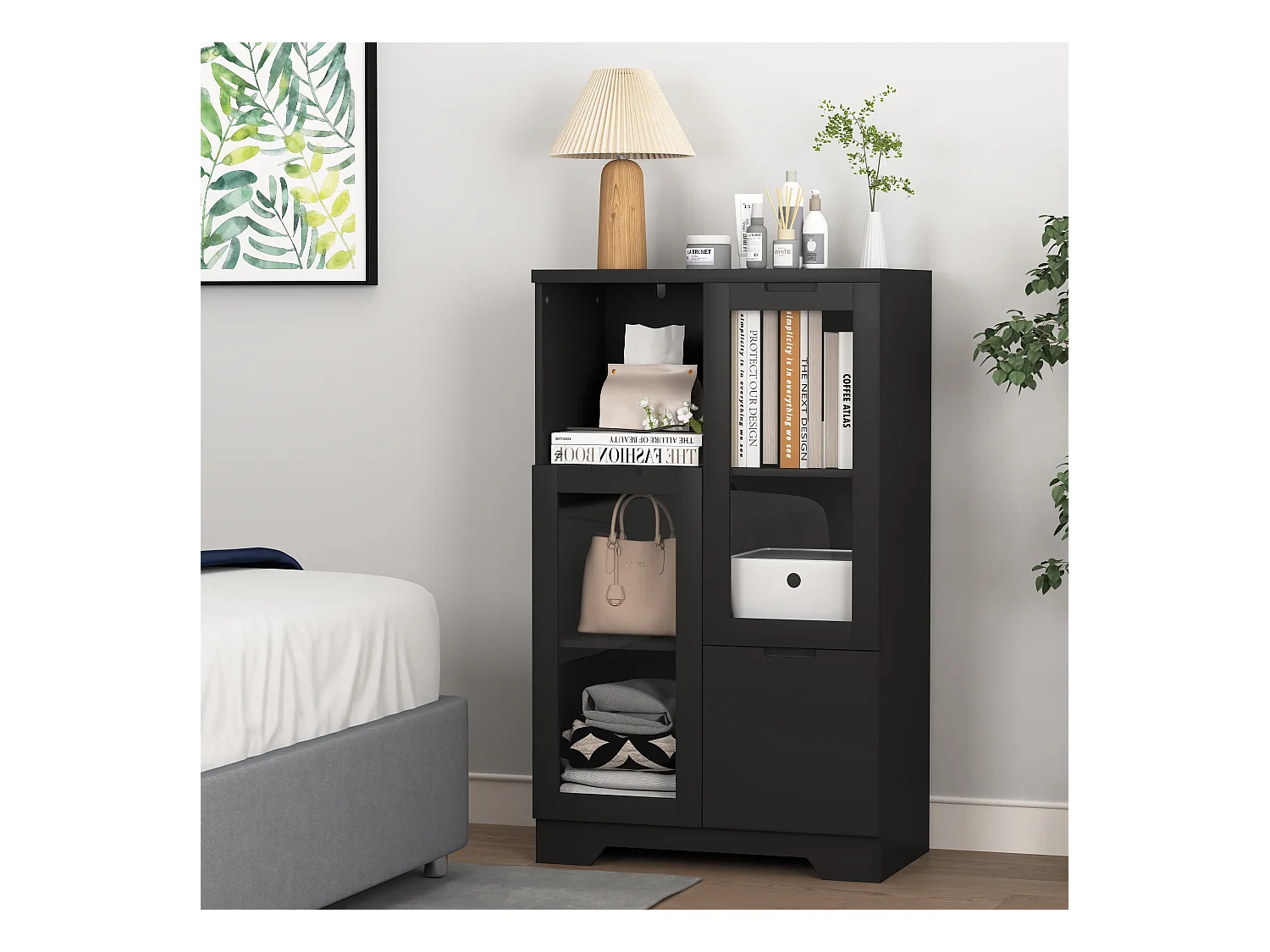 Vitrine noir - Meuble à manger avec 2 portes et 1 tiroir - rangement ouvert - pour chambre et salon