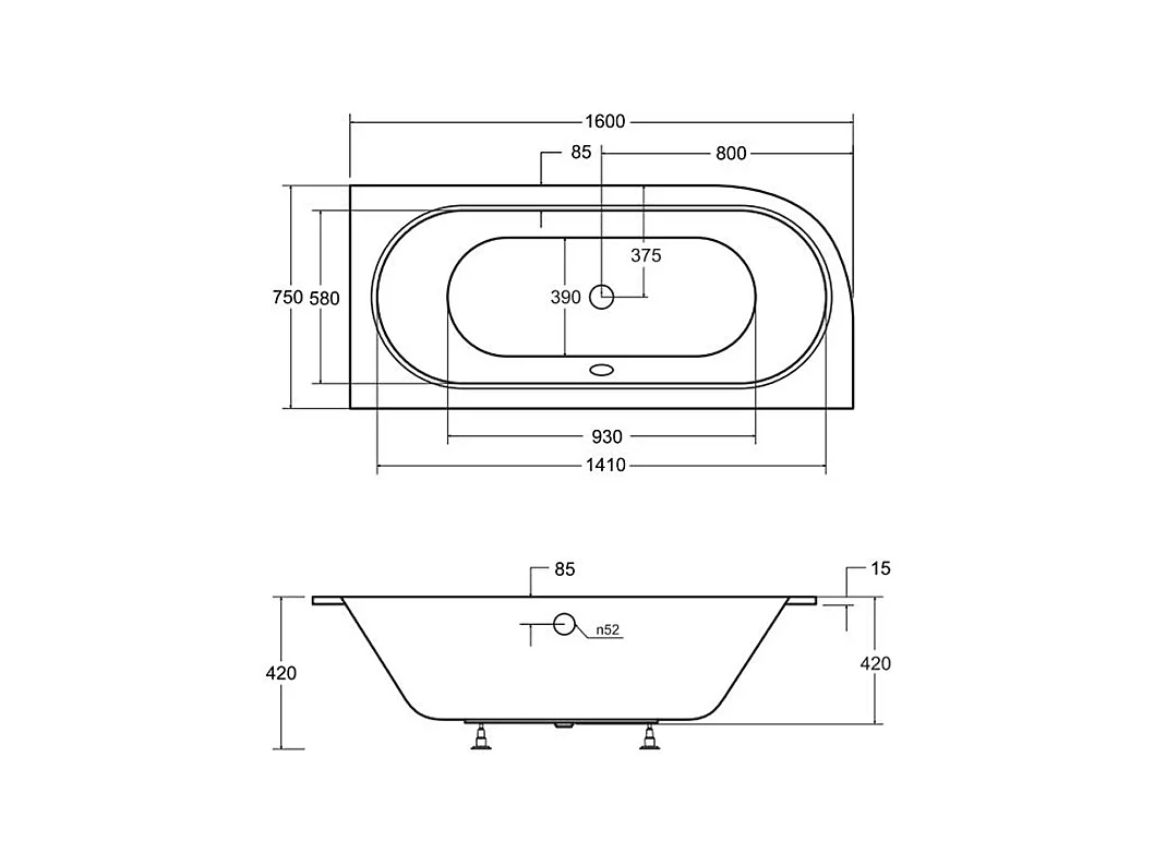 Badewanne Eckwanne AVITA SLIM 160x75 Rechts mit Styroporverkleidung | Ablauf & Füße GRATIS !