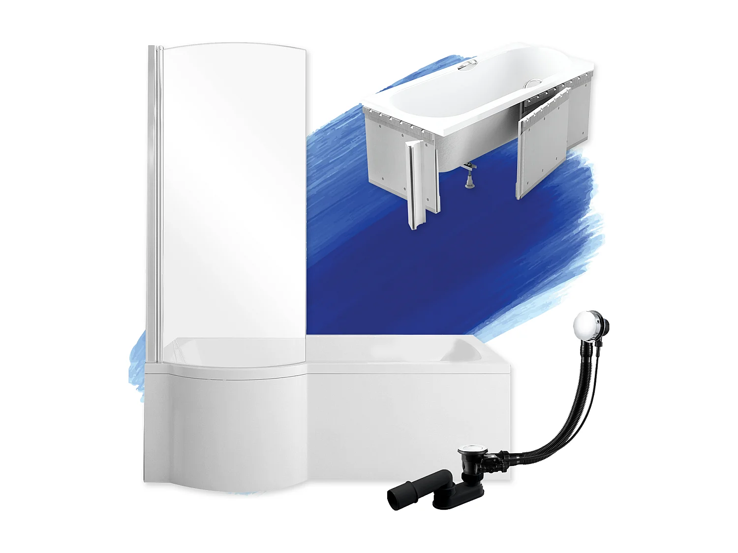 Baignoire rectangulaire 150x70 Gauche INSPIRO acrylique blanc + Habillage en polystyrène + Pieds + Vidage à chromé