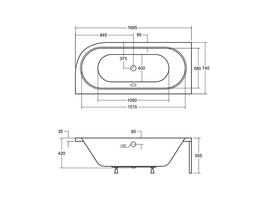 Baignoire asymétrique 170x75 Gauche AVITA acrylique blanc, sans Habillage + Repose Tête + Pieds + Vidage à chromé