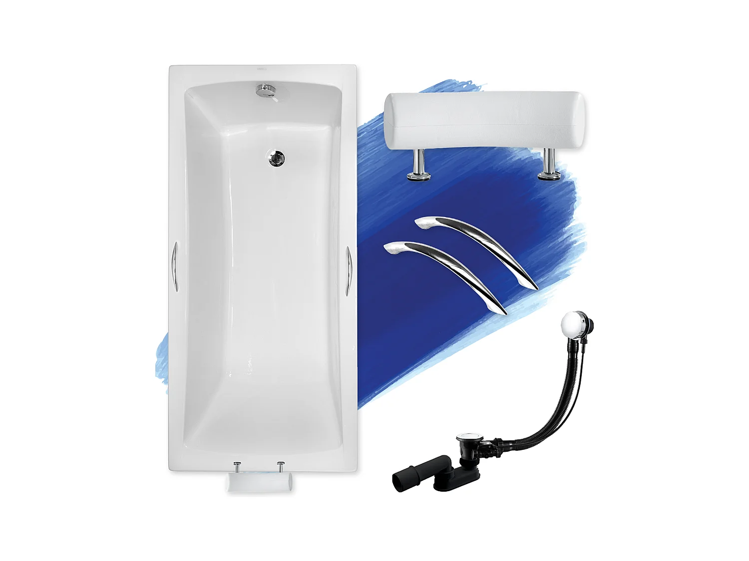 Baignoire rectangulaire 170x70 OPTIMA PREMIUM acrylique blanc, sans Habillage + Poignées + Repose Tête + Pieds + Vidage à chromé