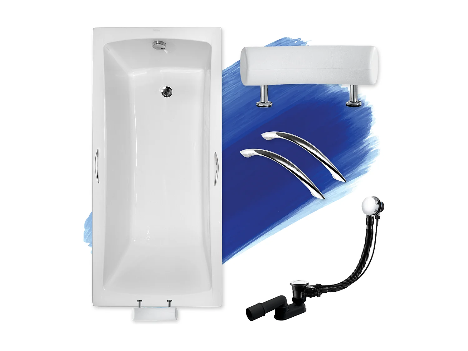 Baignoire rectangulaire 170x70 OPTIMA PREMIUM acrylique blanc, sans Habillage + Poignées + Repose Tête + Pieds + Vidage à chromé