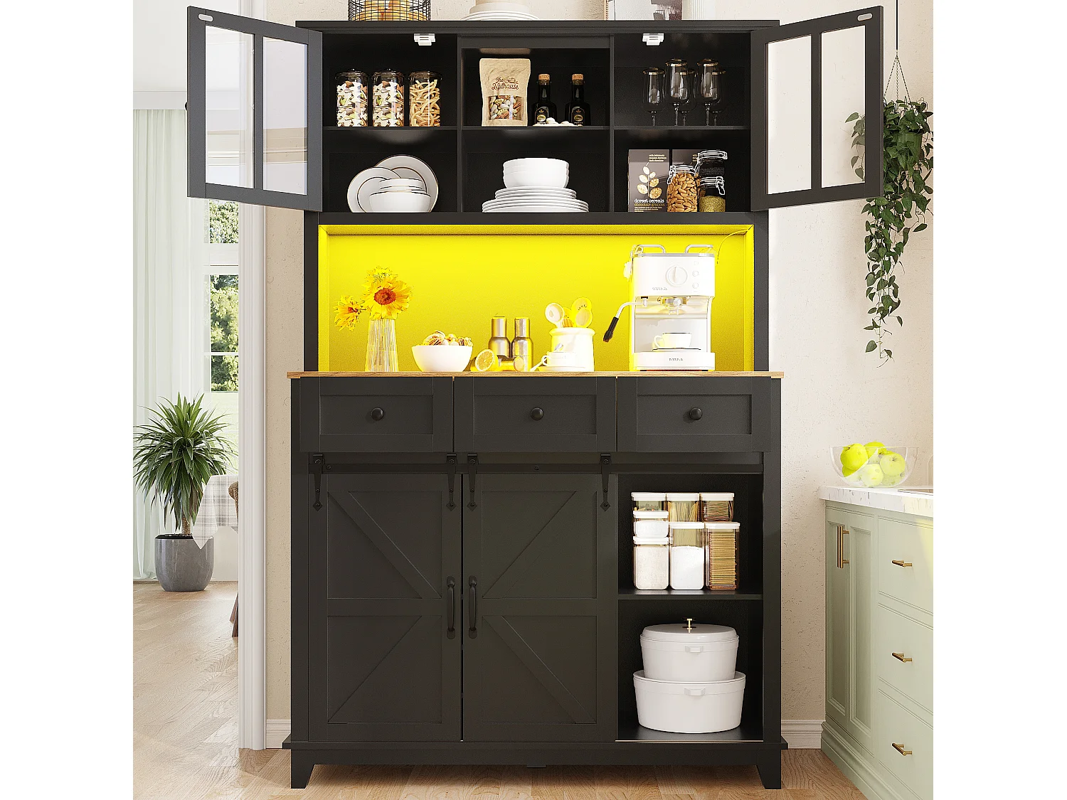 Aparador alto negro - Aparador con 3 cajones y 4 puertas - Iluminación LED y almacenaje abierto - para cocina y salón