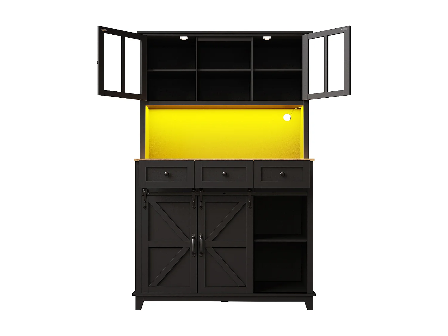 Aparador alto negro - Aparador con 3 cajones y 4 puertas - Iluminación LED y almacenaje abierto - para cocina y salón