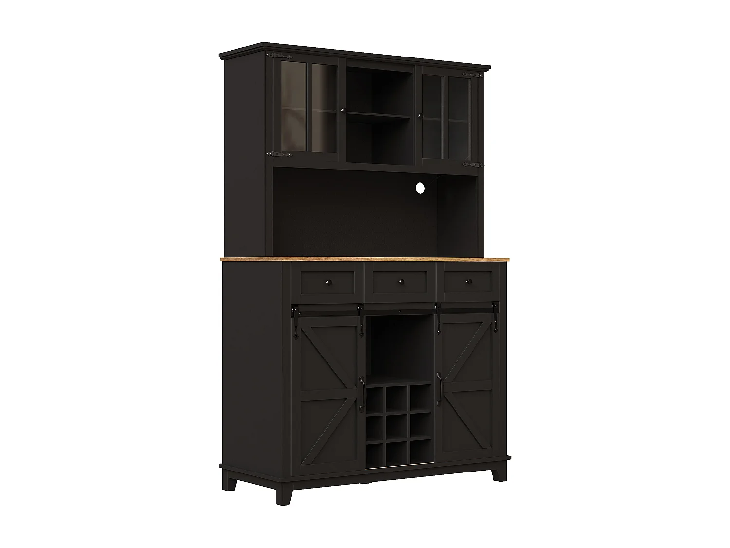 Aparador alto negro - Aparador con 3 cajones y 4 puertas - Iluminación LED y almacenaje abierto - para cocina y salón