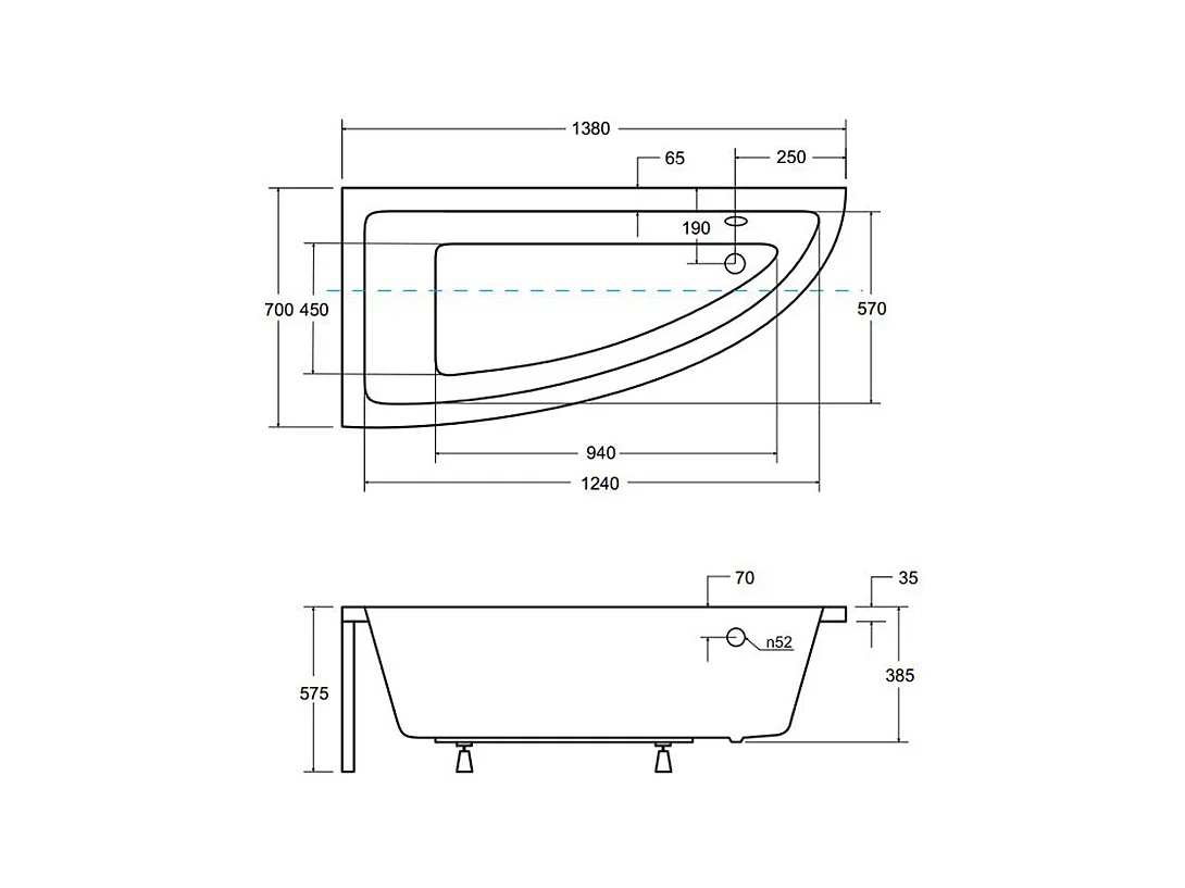 Baignoire asymétrique 140x70 Gauche PRAKTIKA acrylique blanc, sans Habillage + Pieds + Vidage à chromé