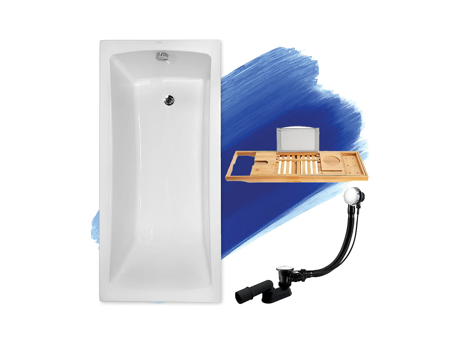 Baignoire rectangulaire 140x70 OPTIMA acrylique blanc, sans Habillage + Étagère bambou + Pieds + Vidage à chromé