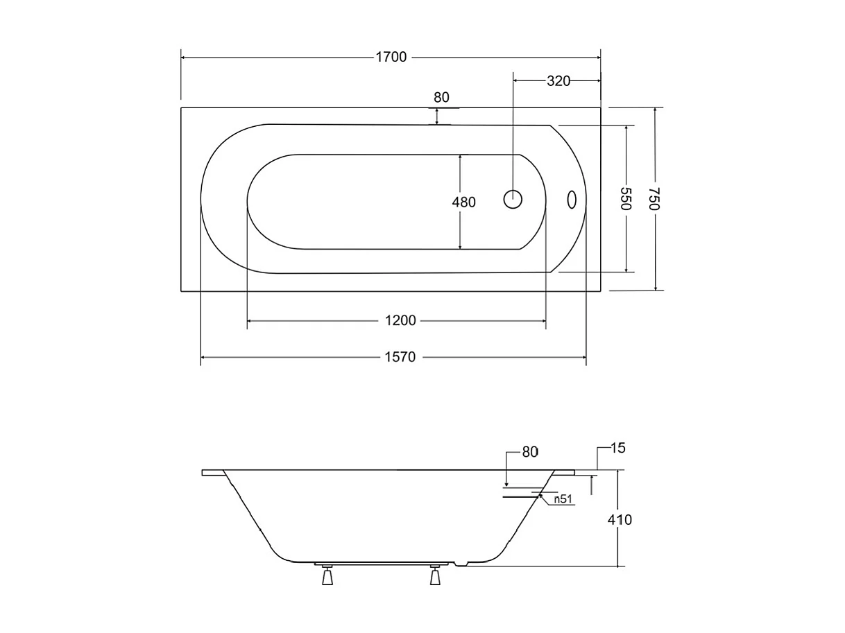 Baignoire rectangulaire 170x75 INTRICA SLIM acrylique blanc + Support stabilisateur en polystyrène + Pieds + Vidage à chromé