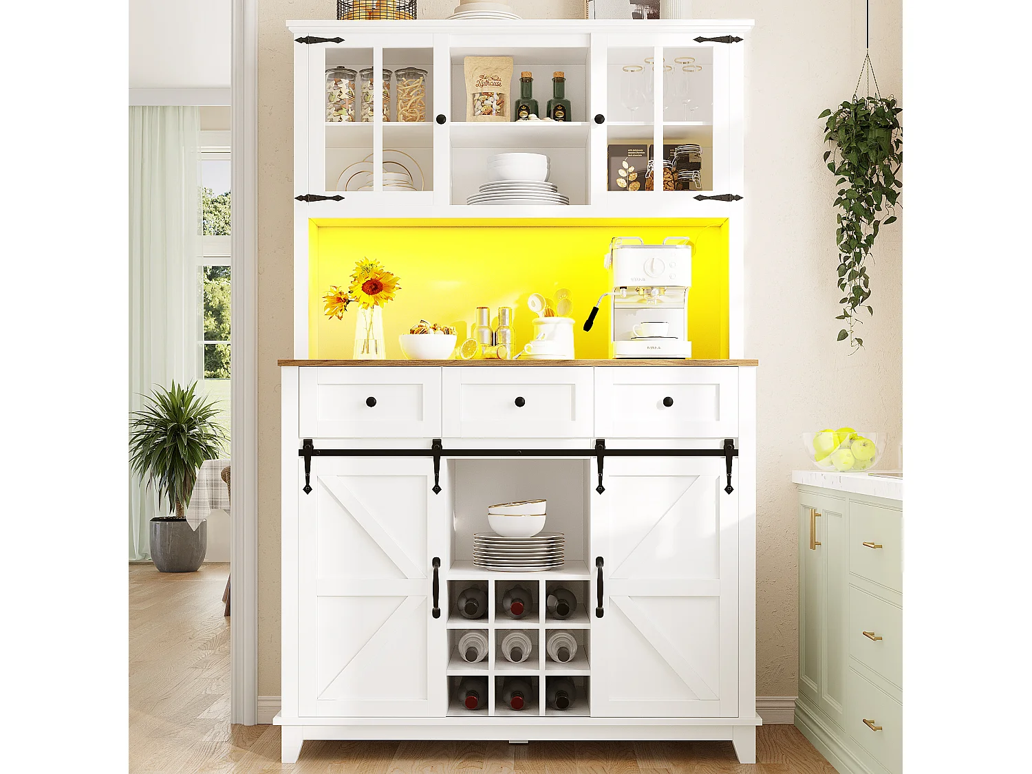 Buffet haut blanc - Buffet avec 3 tiroirs et 4 portes - éclairage LED et rangement