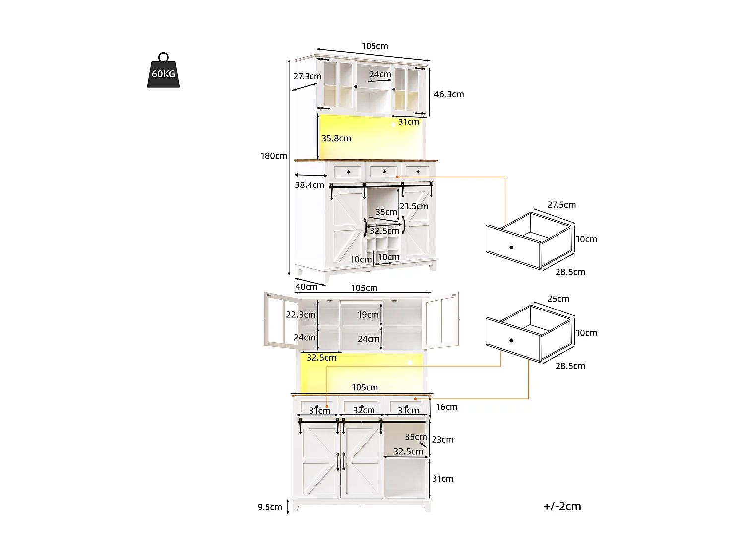 Buffet haut blanc - Buffet avec 3 tiroirs et 4 portes - éclairage LED et rangement
