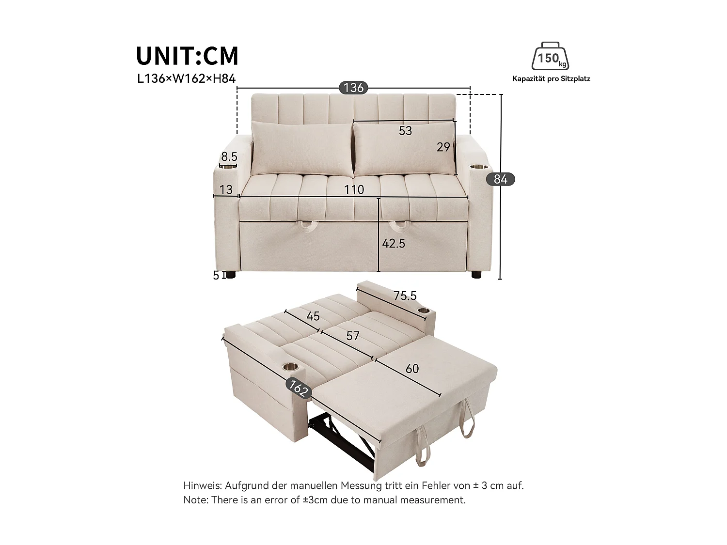 Canapé 2 places beige - Fauteuil convertible avec porte-gobelet et poche de rangement - pour salon et chambre