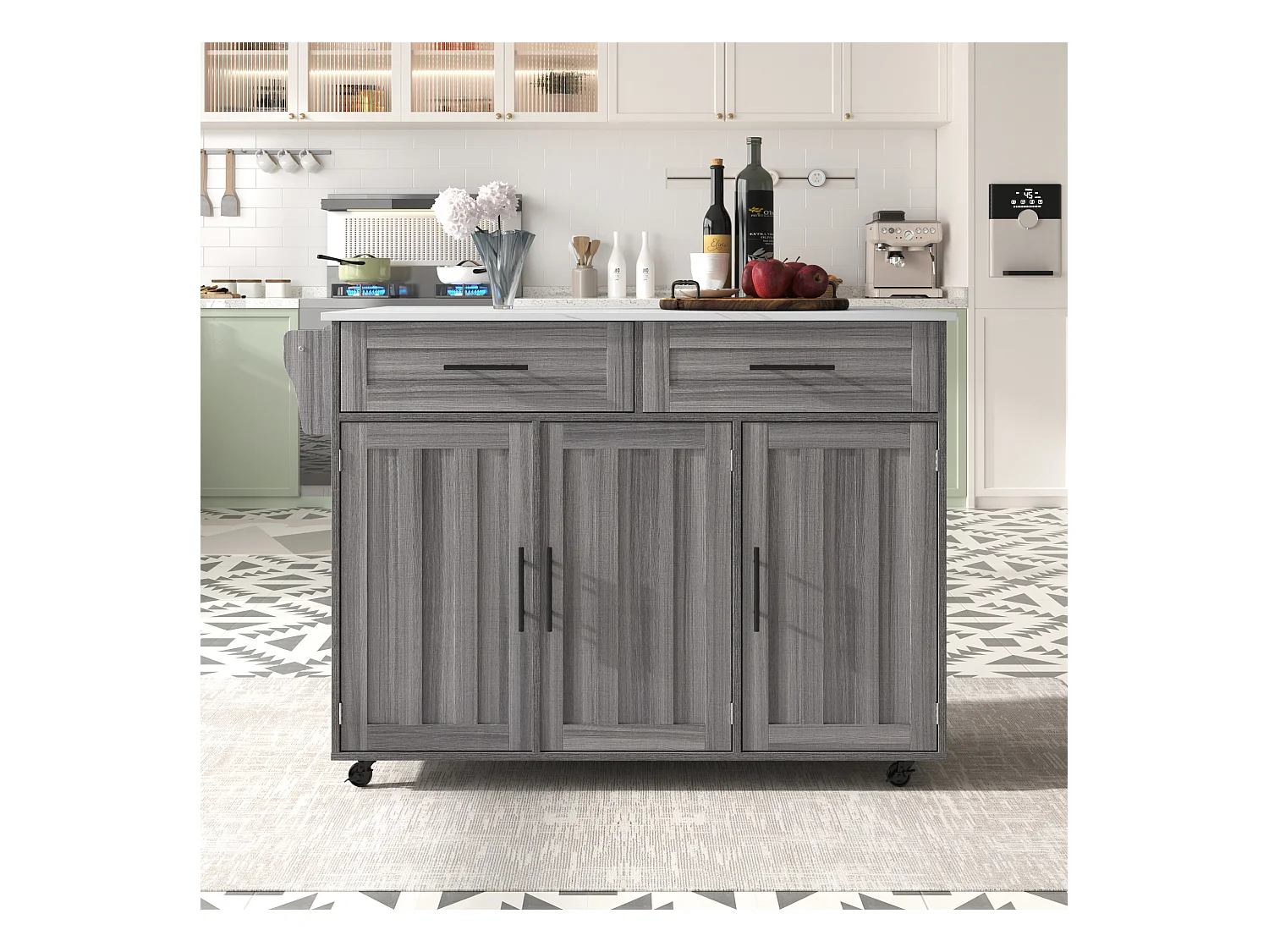 Desserte gris - Îlot de cuisine con 2 puertas y 2 cajones - toallero y 5 ruedas - tablero plegable