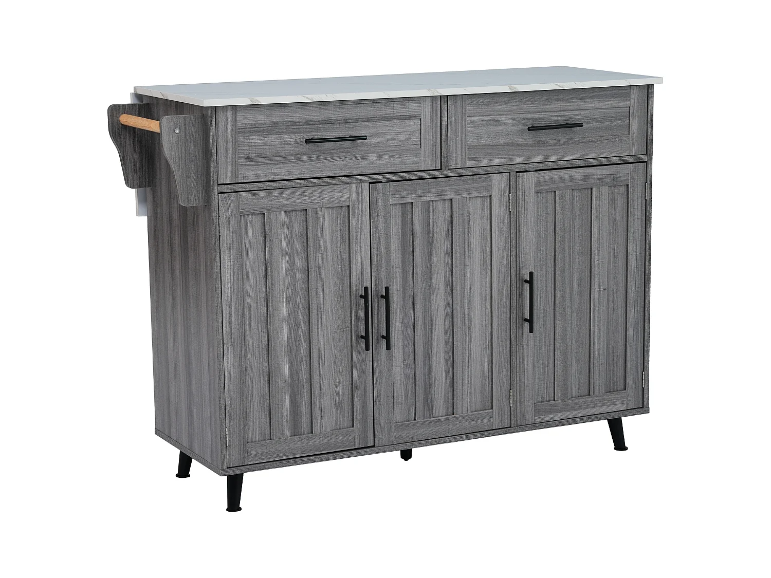 Desserte gris - Îlot de cuisine con 2 puertas y 2 cajones - toallero y 5 ruedas - tablero plegable