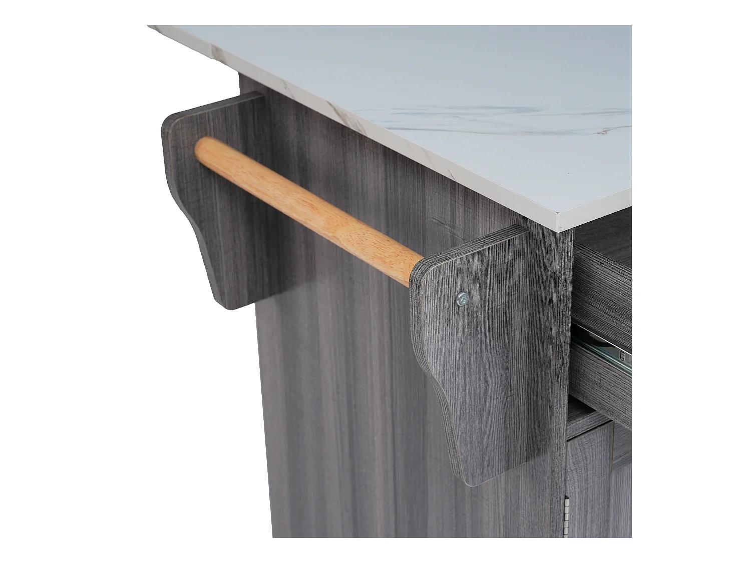 Desserte gris - Îlot de cuisine con 2 puertas y 2 cajones - toallero y 5 ruedas - tablero plegable