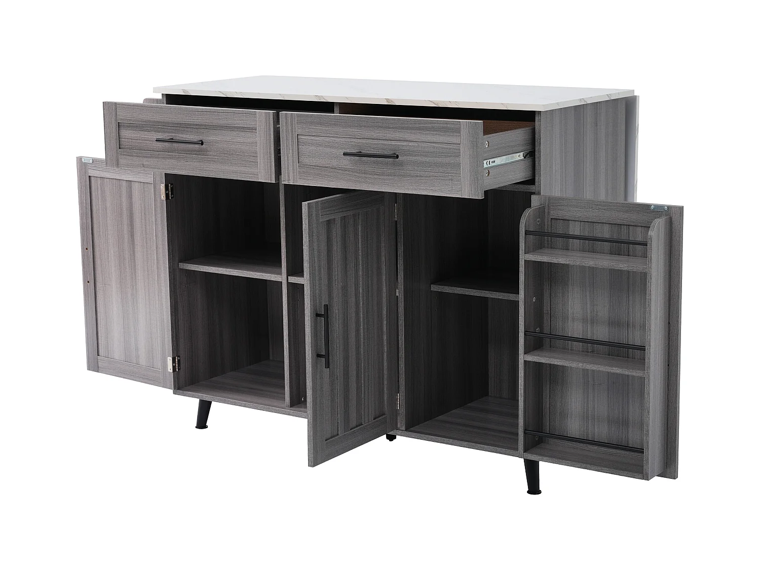 Desserte gris - Îlot de cuisine con 2 puertas y 2 cajones - toallero y 5 ruedas - tablero plegable