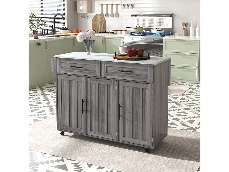 Desserte Grey - Mobiletto da cucina con 2 ante e 2 cassetti - portasciugamani e 5 ruote - piano del tavolo pieghevole