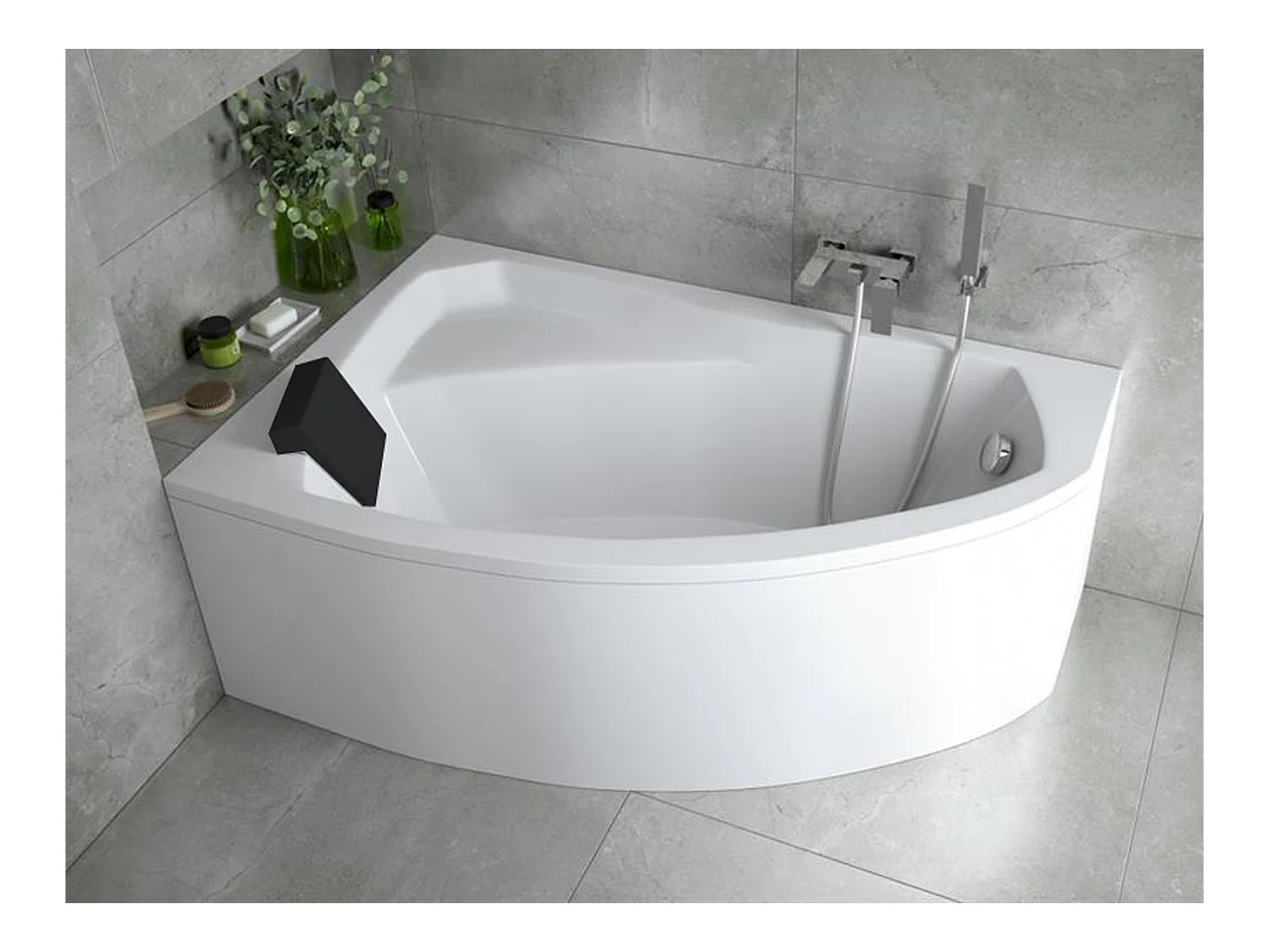 Badewanne Eckwanne RIMA 140x90 Links mit Styroporverkleidung und schwarzer Kopfstützen | Ablauf & Füße GRATIS !