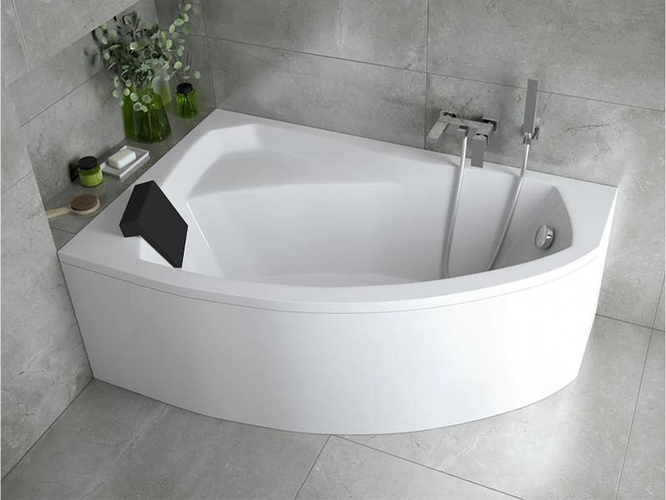 Badewanne Eckwanne RIMA 140x90 Links mit Styroporverkleidung und schwarzer Kopfstützen | Ablauf & Füße GRATIS !