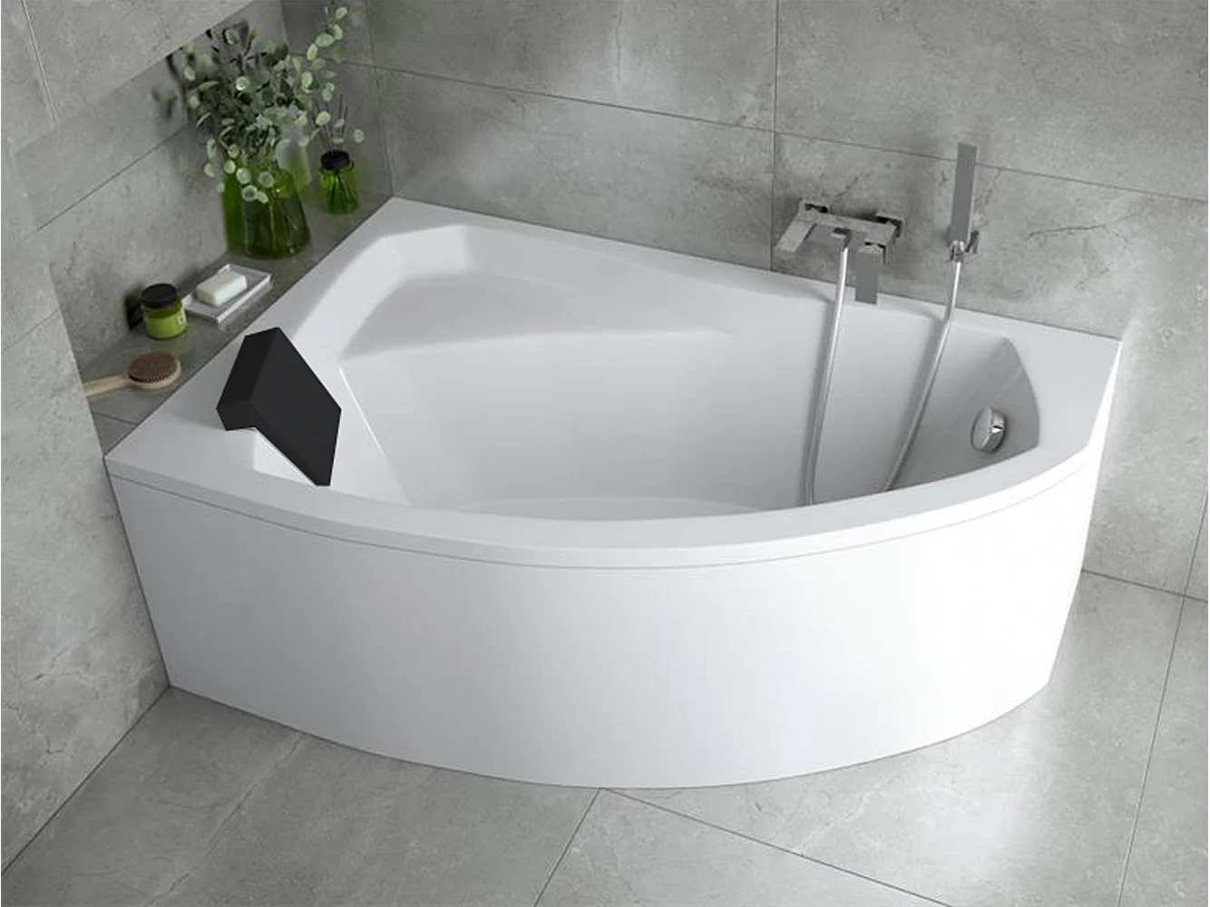 Badewanne Eckwanne RIMA 140x90 Links mit Styroporverkleidung und schwarzer Kopfstützen | Ablauf & Füße GRATIS !