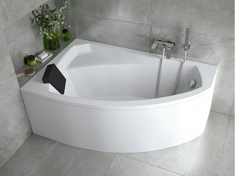 Badewanne Eckwanne RIMA 140x90 Links mit Styroporverkleidung und schwarzer Kopfstützen | Ablauf & Füße GRATIS !
