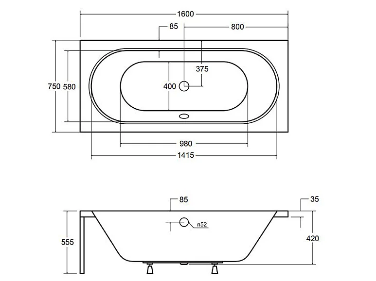Badewanne Rechteck VITAE 160x75 mit AcrylSchürze | Ablauf & Füße GRATIS !