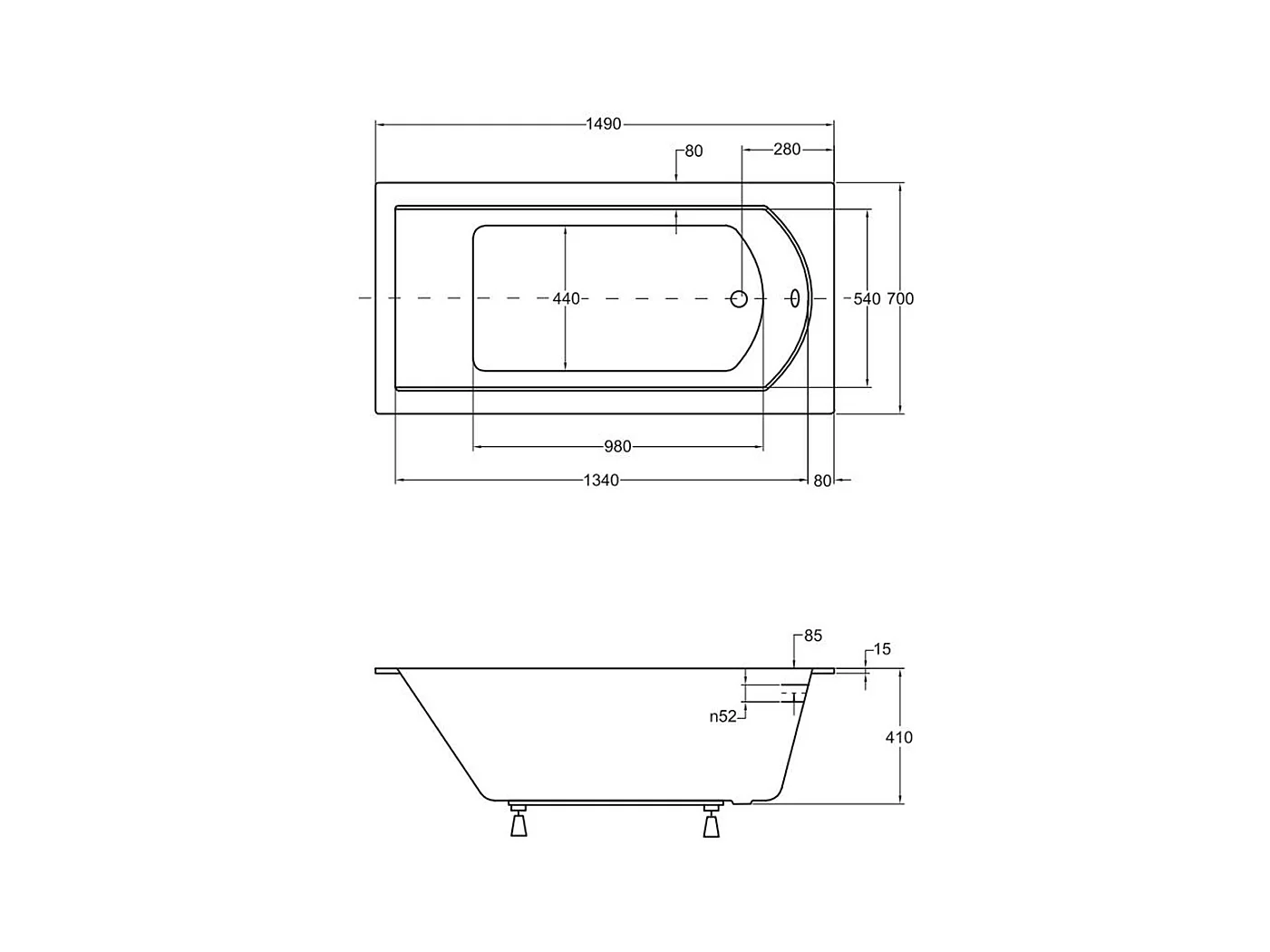 Baignoire rectangulaire 150x70 SHEA SLIM acrylique blanc + Habillage en polystyrène (4 cm) + Pieds + Vidage à chromé