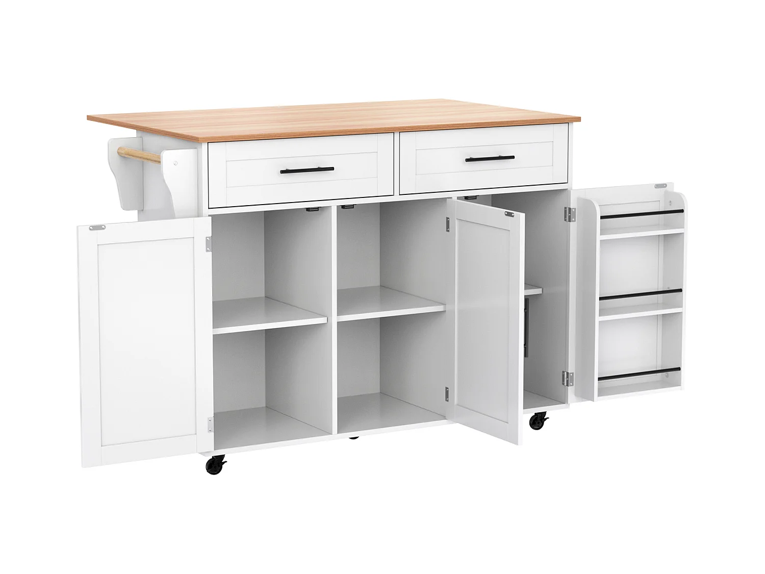 Desserte blanc - Îlot de cuisine con 2 puertas y 2 cajones - toallero y 5 ruedas - tablero plegable