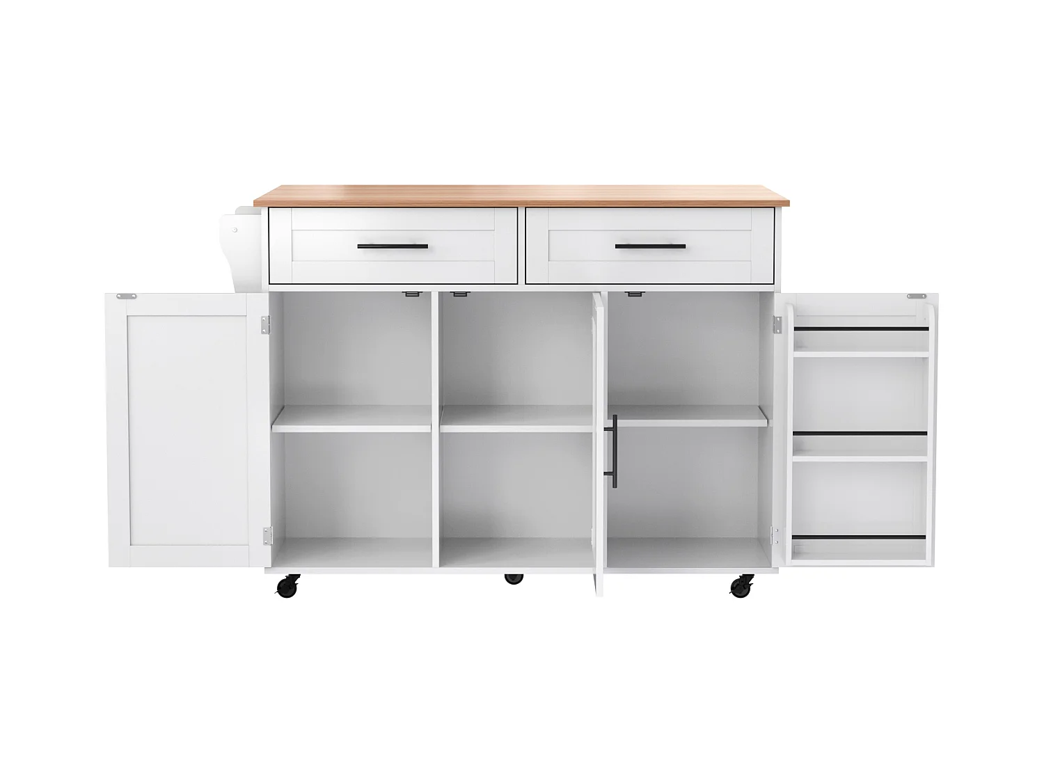 Desserte blanc - Îlot de cuisine con 2 puertas y 2 cajones - toallero y 5 ruedas - tablero plegable