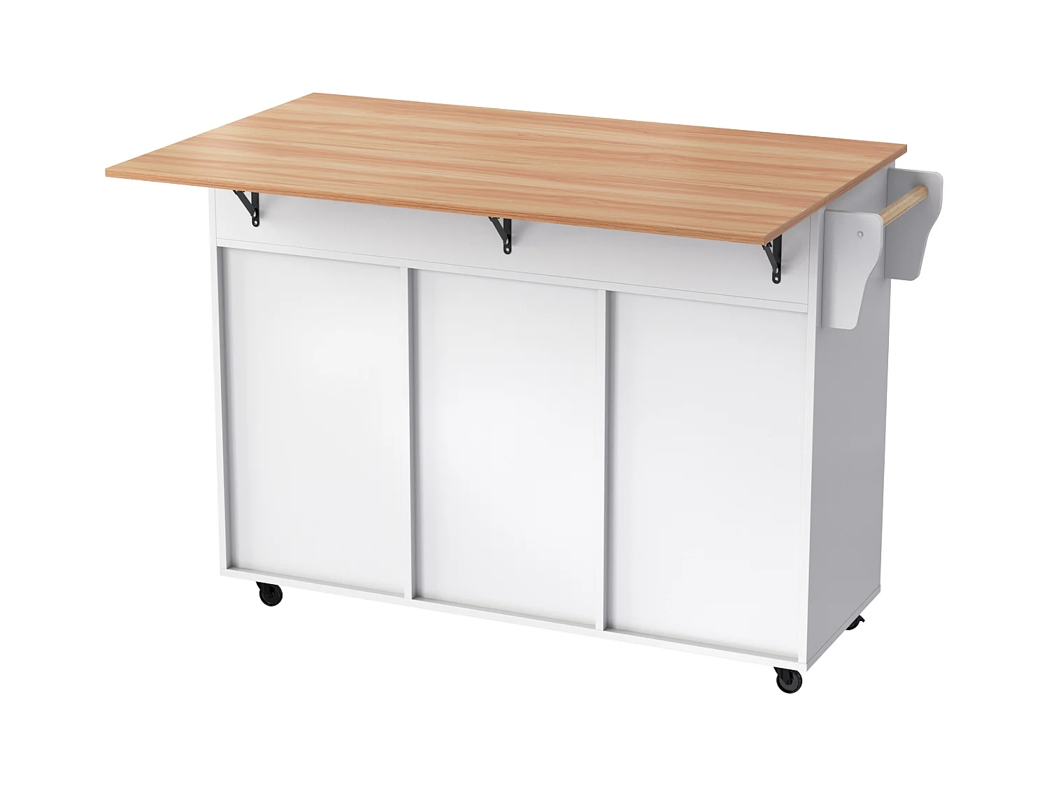 Desserte blanc - Îlot de cuisine con 2 puertas y 2 cajones - toallero y 5 ruedas - tablero plegable