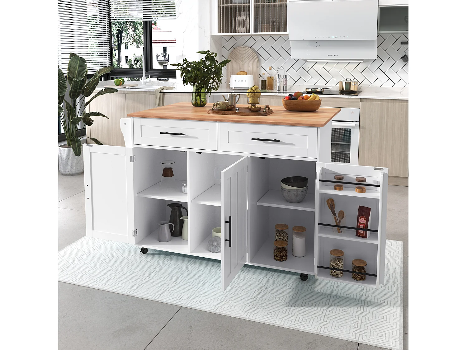 Desserte blanc - Îlot de cuisine con 2 puertas y 2 cajones - toallero y 5 ruedas - tablero plegable