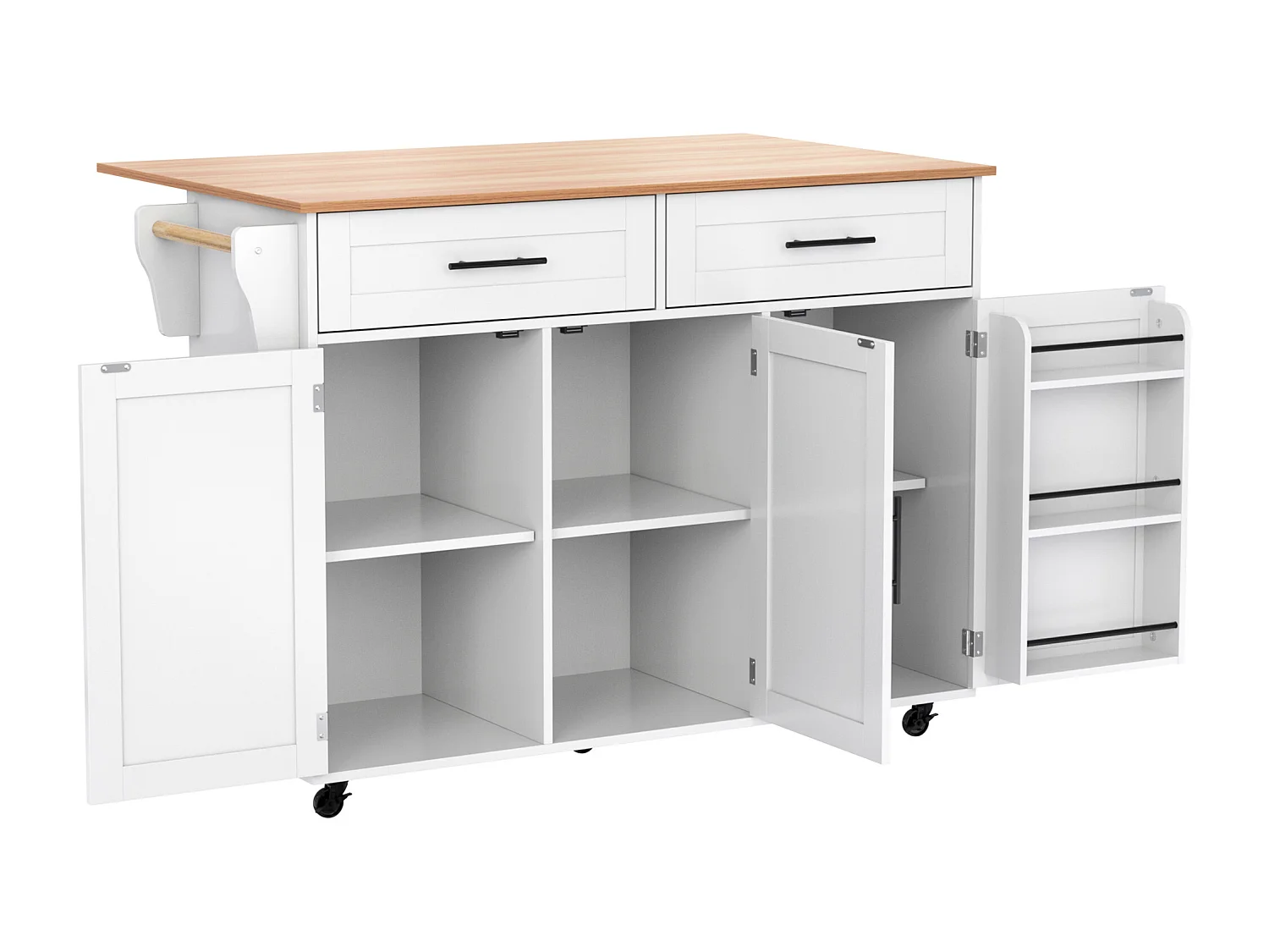 Desserte blanc - Îlot de cuisine con 2 puertas y 2 cajones - toallero y 5 ruedas - tablero plegable