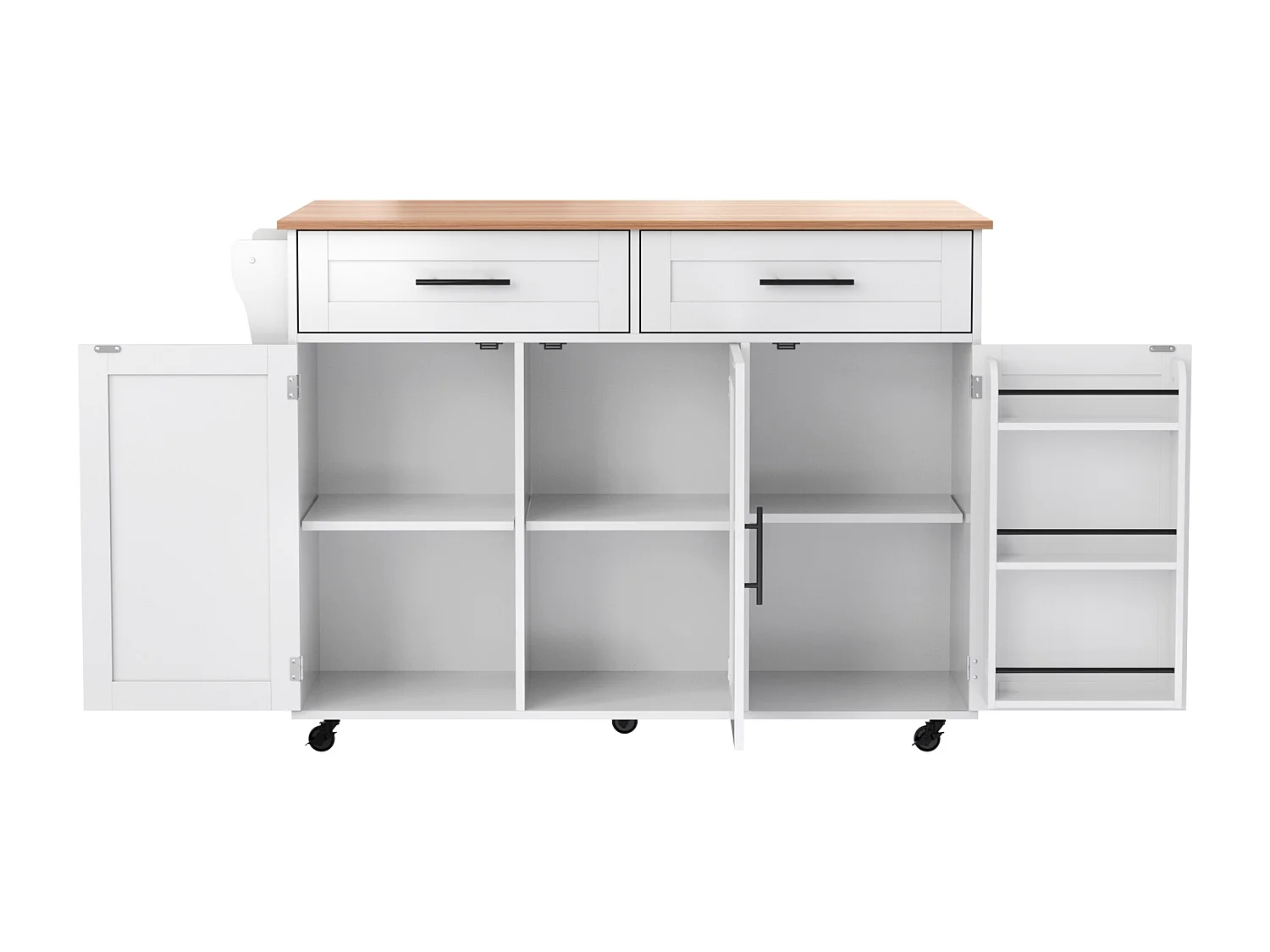 Desserte blanc - Îlot de cuisine con 2 puertas y 2 cajones - toallero y 5 ruedas - tablero plegable