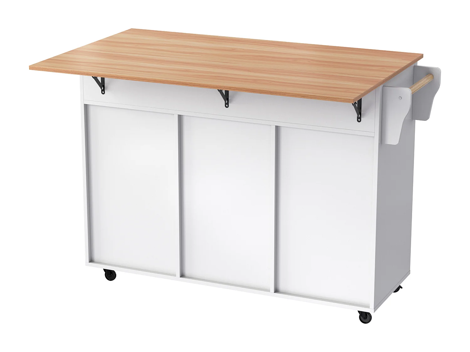 Desserte blanc - Îlot de cuisine con 2 puertas y 2 cajones - toallero y 5 ruedas - tablero plegable