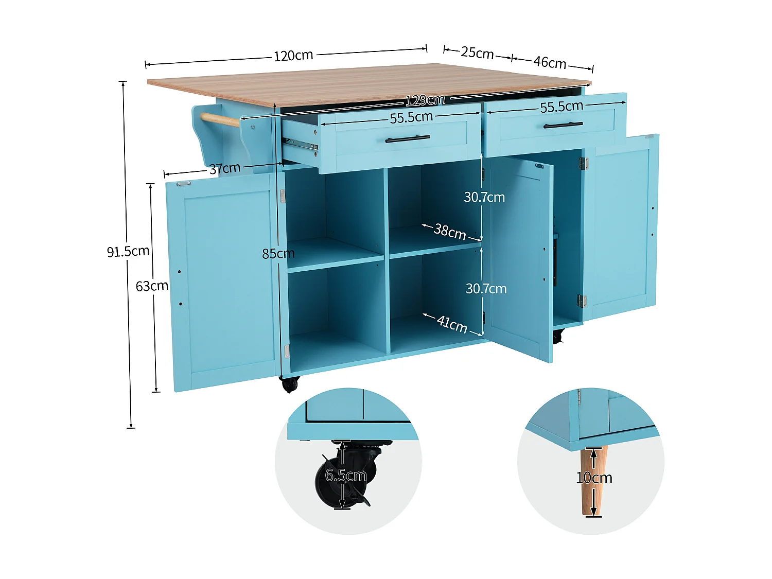 Desserte bleu - Îlot de cuisine con 2 puertas y 2 cajones - toallero y 5 ruedas - tablero plegable