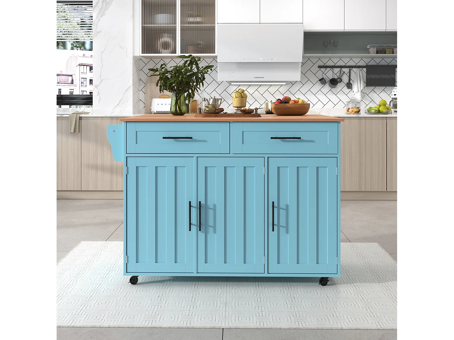 Desserte bleu - Îlot de cuisine con 2 puertas y 2 cajones - toallero y 5 ruedas - tablero plegable