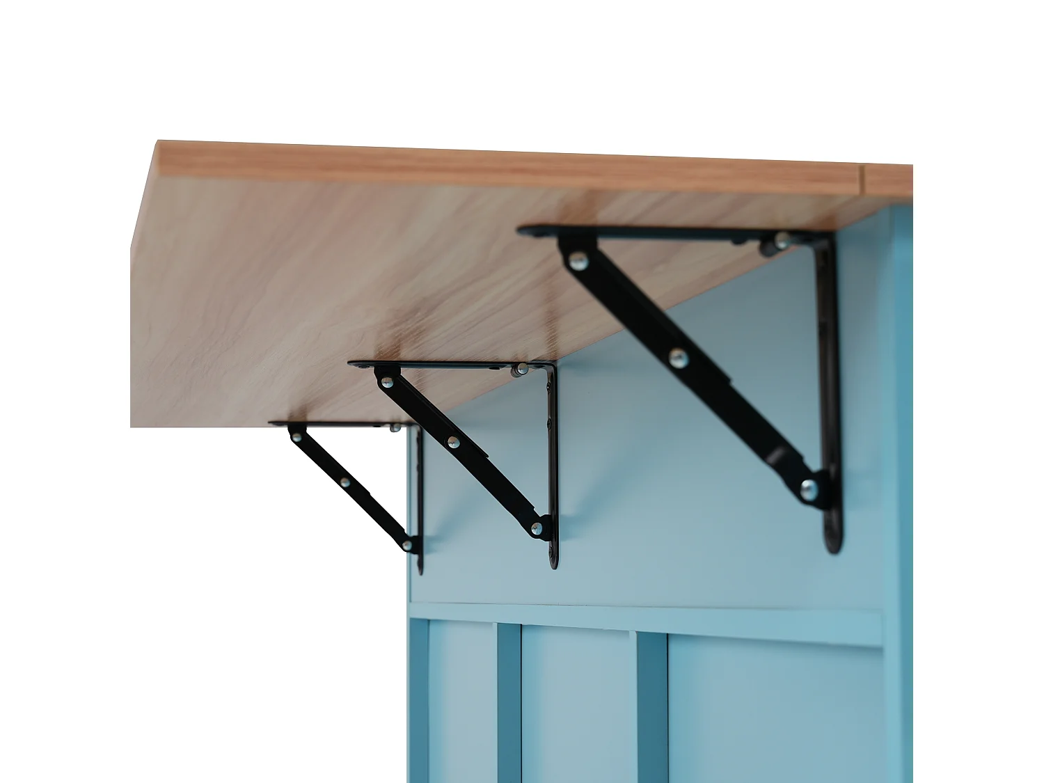 Desserte bleu - Îlot de cuisine con 2 puertas y 2 cajones - toallero y 5 ruedas - tablero plegable