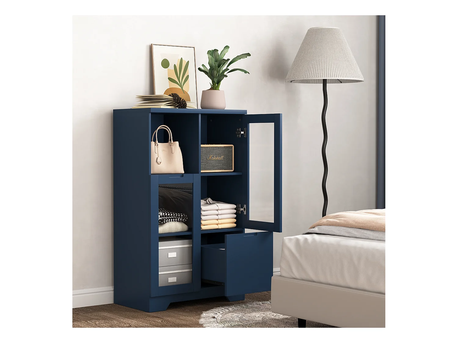 Blaue Vitrine - Esszimmermöbel mit 2 Türen und 1 Schublade - offene Aufbewahrung - für schlafzimmer und wohnzimmer