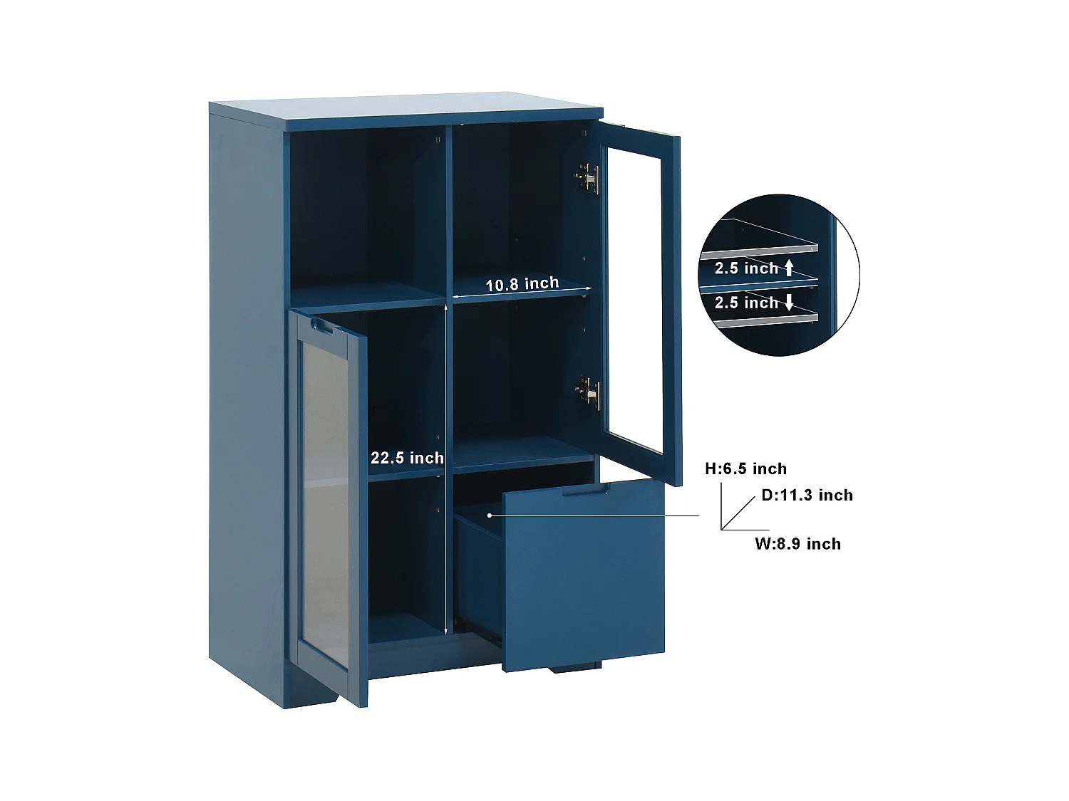 Blaue Vitrine - Esszimmermöbel mit 2 Türen und 1 Schublade - offene Aufbewahrung - für schlafzimmer und wohnzimmer