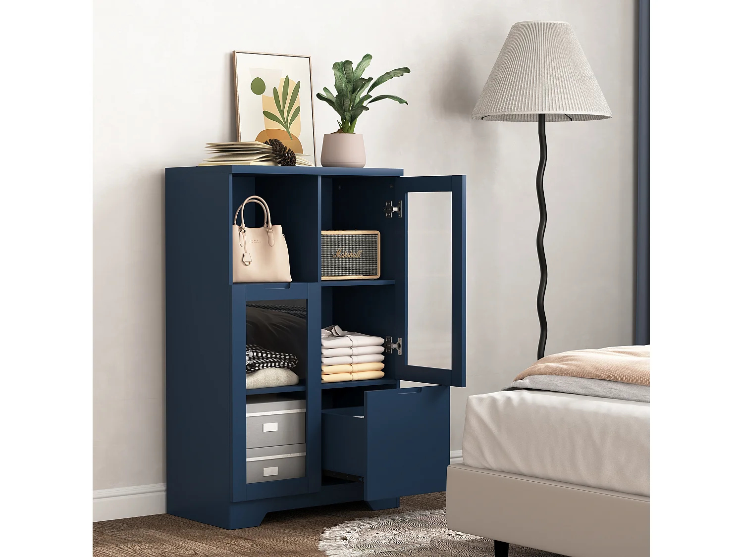 Blauwe vitrinekast - Eetkamermeubel met 2 deuren en 1 lade - open opbergruimte - voor slaapkamer en woonkamer