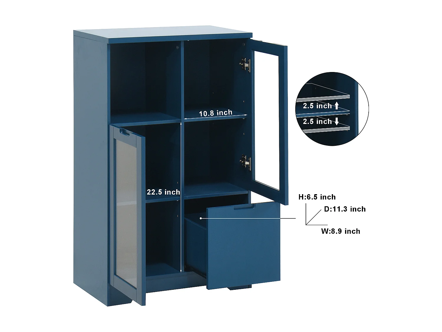 Blauwe vitrinekast - Eetkamermeubel met 2 deuren en 1 lade - open opbergruimte - voor slaapkamer en woonkamer