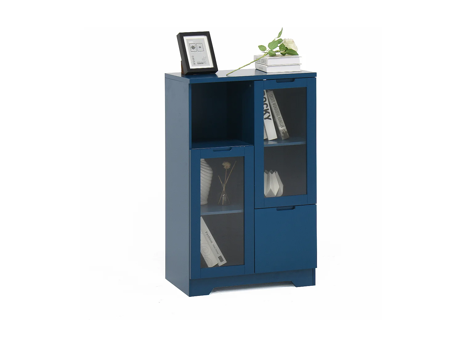 Blauwe vitrinekast - Eetkamermeubel met 2 deuren en 1 lade - open opbergruimte - voor slaapkamer en woonkamer