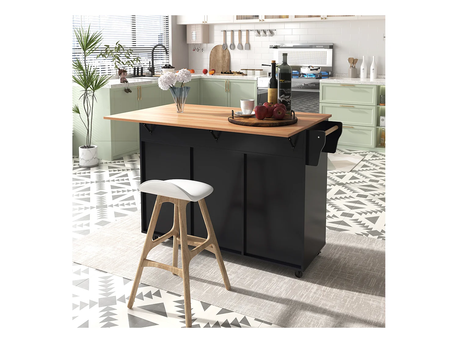 Desserte negro - Îlot de cuisine con 2 puertas y 2 cajones - toallero y 5 ruedas - tablero plegable