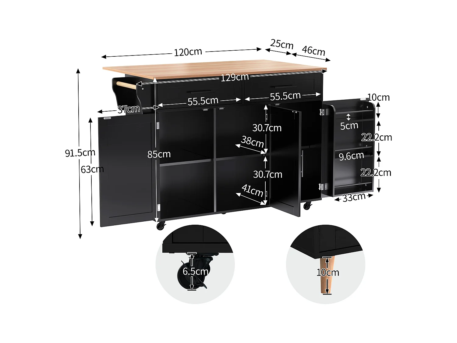 Desserte negro - Îlot de cuisine con 2 puertas y 2 cajones - toallero y 5 ruedas - tablero plegable