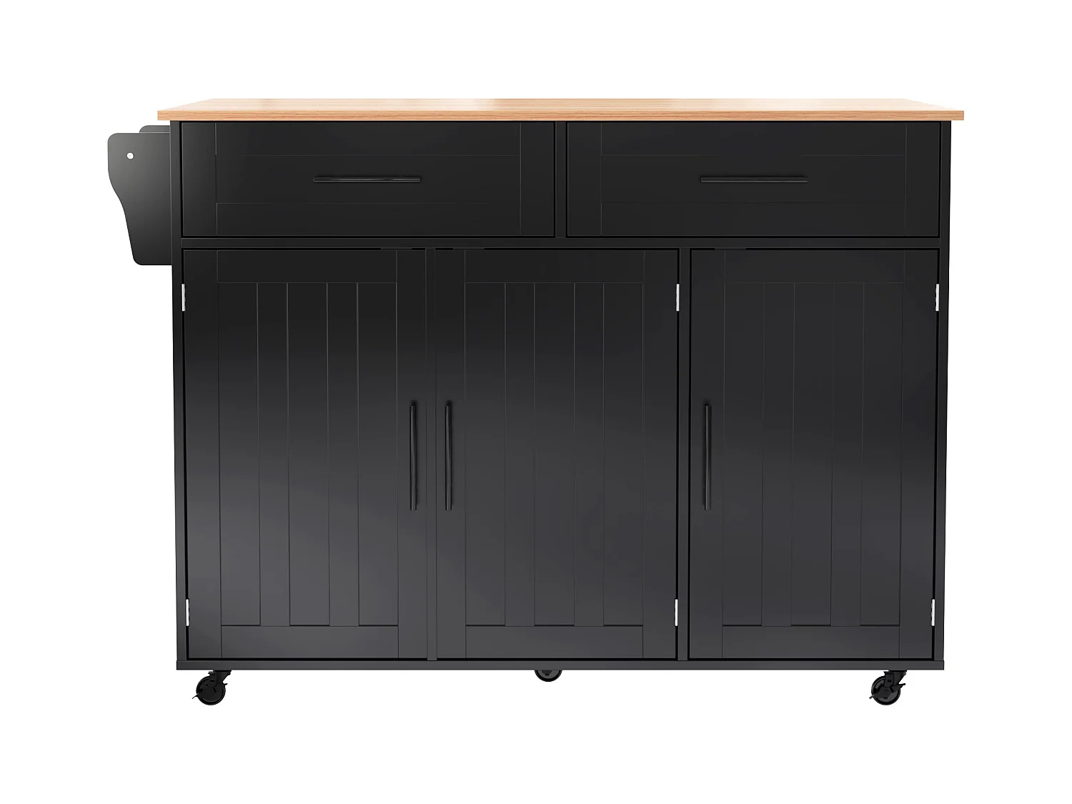 Desserte negro - Îlot de cuisine con 2 puertas y 2 cajones - toallero y 5 ruedas - tablero plegable