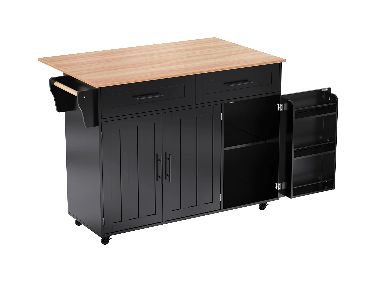 Desserte negro - Îlot de cuisine con 2 puertas y 2 cajones - toallero y 5 ruedas - tablero plegable