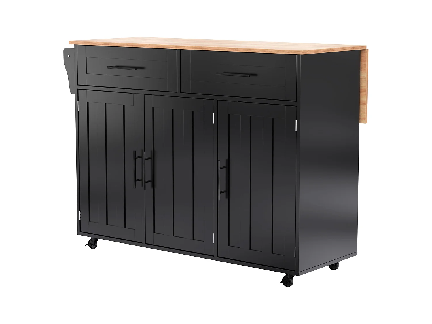 Desserte negro - Îlot de cuisine con 2 puertas y 2 cajones - toallero y 5 ruedas - tablero plegable